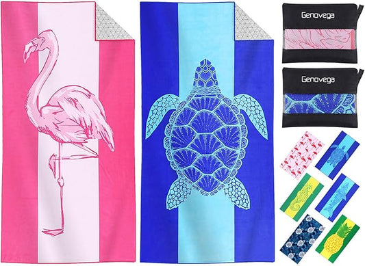 2 Packs Microfiber Oversized Lightweight Thin Beach Towel Compact Sandproof Quick Dry Clearance Towels Extra Large Sand Free Pool Essentials Accessories Women Men Adults Gifts Blue Turtle Flamingo