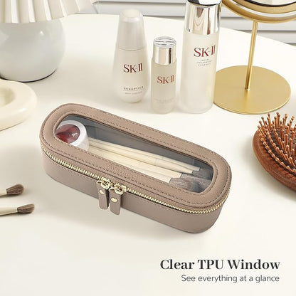 Aveniee Slim Clear Makeup Brush Bag, Small Cosmetic Brush Holder, Mini Toiletry Bag Travel Case for Women, Thin Make up Bags with Dual Zipper, Cute Travel Essentials Bag Organizer - Taupe
