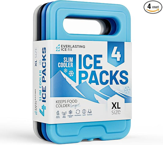 Reusable XL Slim Ice Packs for Lunch Boxes with Handle (4 Pack) BPA Free Freezer Packs | 7.5 x 6.5 in | Long Lasting Ice Pack for Insulated Bags, Picnic, Travel, and More