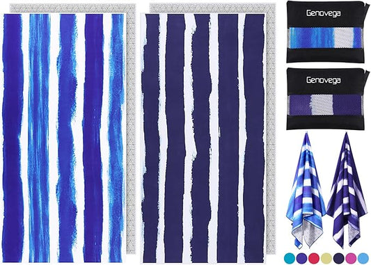 2 Pack Microfiber Oversized Beach Towel Lightweight Thin Sandproof Compact Quick Dry Clearance Towels Extra Large Sand Free Travel Beach Essentials Accessories Women Men Adult Gift Dark Blue Stripe