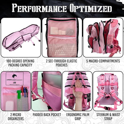 45L Elite Tactical Backpack | 3X Stronger Work & Military Backpack | Water Resistant and Heavy Duty | 3 Day MOLLE Bug Out Bag (Rose Pink)