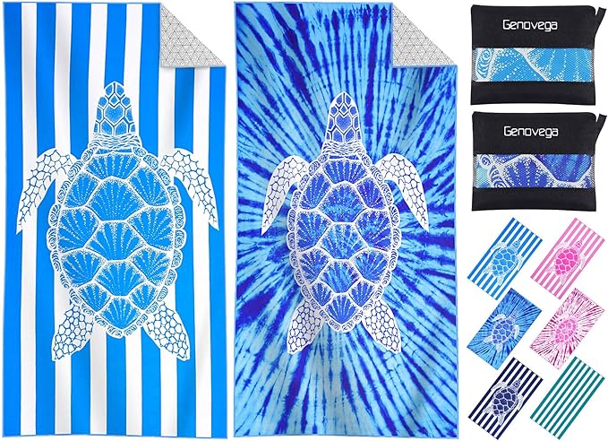 2 Packs Microfiber Oversized Lightweight Thin Beach Towel Sandproof Compact Quick Dry Clearance Towels Extra Large Sand Free Travel Beach Essentials Accessories Women Adult Gift Blue Turtle Vortex
