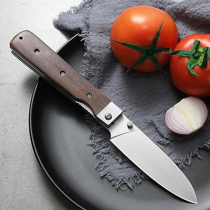 4.5" Folding Kitchen Knife Ultra Sharp 440A Stainless Steel blade Peeling Utility Knife Natural Olive Handle Portable Fruit knife for BBQ trip Outdoor Camping.