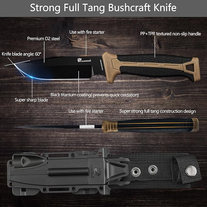 HX OUTDOORS Extra Sharp Bushcraft Knife with Fire Starter, Premium D2 Steel Fixed Blade Survival Camping Knife with Plastic Sheath for Outdoor, Hiking, Backpacking (Brown)