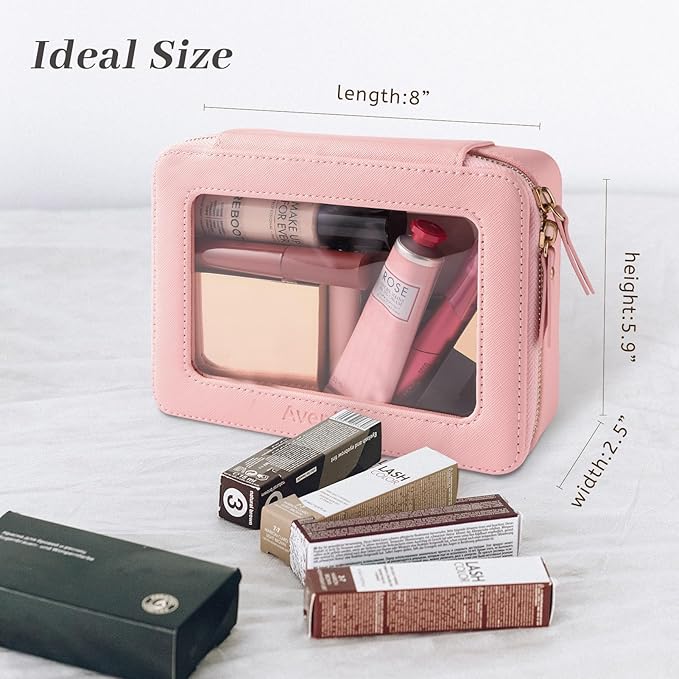 Aveniee Clear Makeup Bag Organizer, Portable Travel Toiletry Cosmetic Bag Case for Women, Heavy Duty Make Up Pouch with Transparent Vinyl Windows & Gold Zippers(Pink)