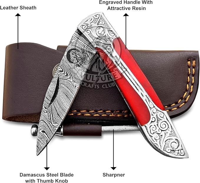 3Pcs Damascus Steel Pocket Knife with Clip and Leather Sheath - EDC Knife for Outdoor and Camping Activities, Handmade Folding Knife, Free knife Sharpner (Vulture Red Eye)