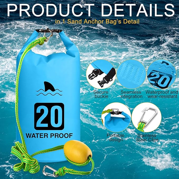 4 Set 2 in 1 Sand Anchor and Buoy Kit Floating Bag Kayak Anchor Waterproof Dry Bag for Lake Beach Boats Watercrafts Hiking Camping Water Sports Surfing Tubing Kayaking(Blue)