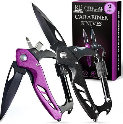 2-Pack Outdoor Carabiner Multitool, Carabiner Knife, EDC Pocket Knife Survival Gear with Glass Breaker (Black/Pink)