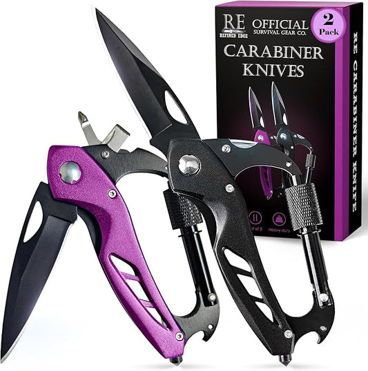 2-Pack Outdoor Carabiner Multitool, Carabiner Knife, EDC Pocket Knife Survival Gear with Glass Breaker (Black/Pink)