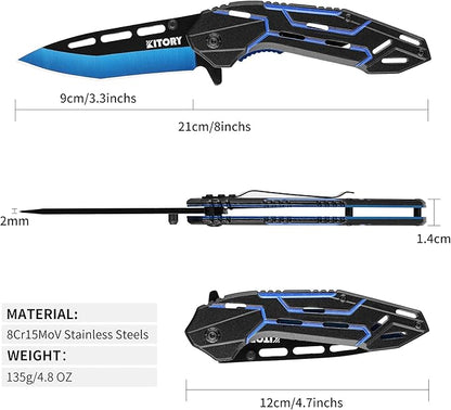 3.3" Pocket Knife, Folding Knife, 8Cr15MoV Stainless Steels Blade, Aluminum Alloy Handle, Blue Devil Design, 2024 Outdoor Gadget Gift