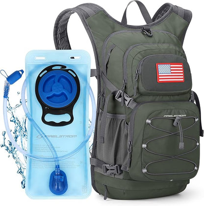 Maelstrom Hydration Backpack, Hiking Backpack with 2L Water Bladder, High Flow Bite Valve Water Backpack Men Women Lightweight Insulation for Hiking, Cycling, Running, Climbing, Camping
