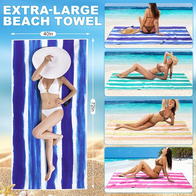 2 Pack Microfiber Oversized Beach Towel Lightweight Thin Sandproof Compact Quick Dry Clearance Towels Extra Large Sand Free Pool Travel Beach Essentials Accessories Women Men Adult Gift Green Stripe