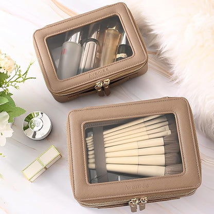 Aveniee Large Clear Makeup Bags, Double Layer Cosmetic Bags with Separate Brush Compartment, Travel Toiletry Bag Cosmetic Train Case, Travel Accessories Organizer for Women(2 Layers, Brown)