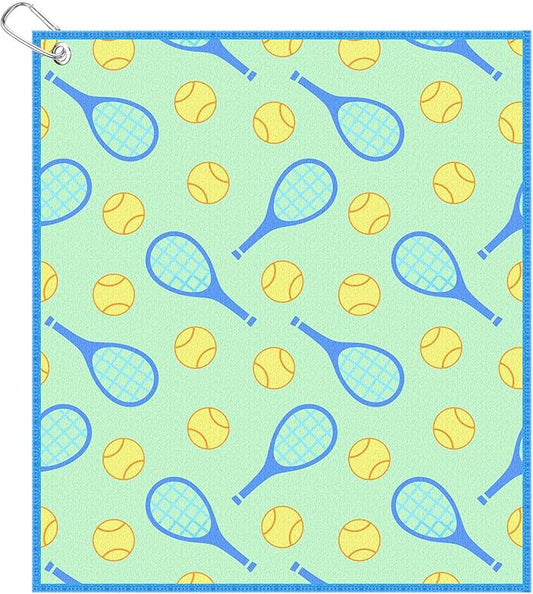 15 x 17 Inch Microfiber and Cotton Sports Towels Athletic Sports Gifts Funny Prints Sports Themed Gifts with Hook Clip for Men Women Sports Gym Accessories (Green,Tennis)