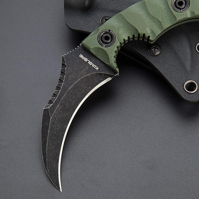 1911K Tactical Knife Fixed Blade Teeth Knife D2 curved Blade & G10 Handle for Outdoor Survival, Camping, Bushcraft and Hunting, with Sheath (Stonewashed OD Green, 180)