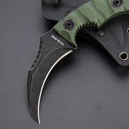1911K Tactical Knife Fixed Blade Teeth Knife D2 curved Blade & G10 Handle for Outdoor Survival, Camping, Bushcraft and Hunting, with Sheath (Stonewashed OD Green, 180)