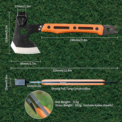 HX Outdoors Multifunctional Splitting Axe, Full Tang Survival Camping Tactical Wood Hatchet，Camp Bushcraft Hand Axes with Hammer and Nail Puller (Orange)