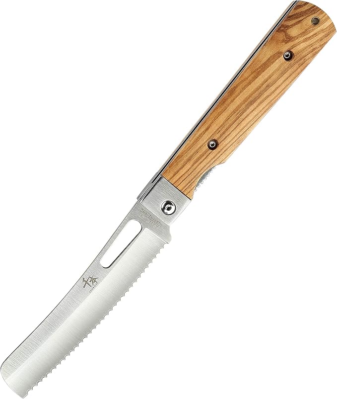 440A stainless steel pocket folding Japanese Bread knife Natural Olive Handle Camping trip Outdoor Portable Serrated knife
