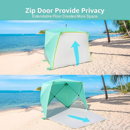 Pop Up Beach Tent, Portable Shade Sun Shelter UPF50+ UV Protection for 4 Person Extendable Floor for Fishing Hiking Camping, Waterproof Windproof（Mint Green