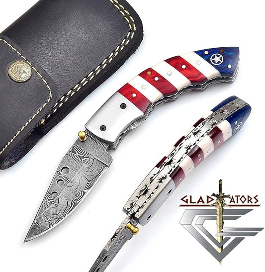 5079US Custom Damascus Steel Folding Pocket Knife with Sheath Cool Camping Knife for men Unique Damascus Blade Pattern 5079US (US Flag)