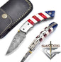 5079US Custom Damascus Steel Folding Pocket Knife with Sheath Cool Camping Knife for men Unique Damascus Blade Pattern 5079US (US Flag)