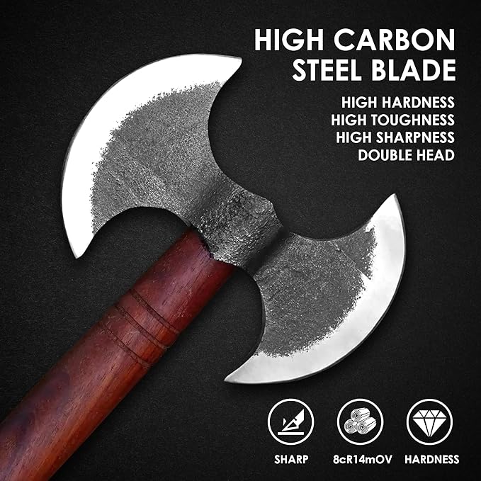 14 inch Custom Handmade Carbon Steel Viking Double Head Axe - Camping, Hatchet, Survival, Hunting, Outdoor, Throwing, Bushcraft, Tomahawk, Estwing, Tactical Double Head Axe with Sheath