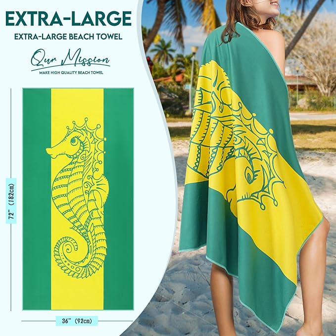 2 Packs Microfiber Oversized Lightweight Thin Beach Towel Compact Sandproof Quick Dry Clearance Towels Extra Large Sand Free Pool Travel Essentials Accessories Women Men Adults Gifts Seahorse Flamingo