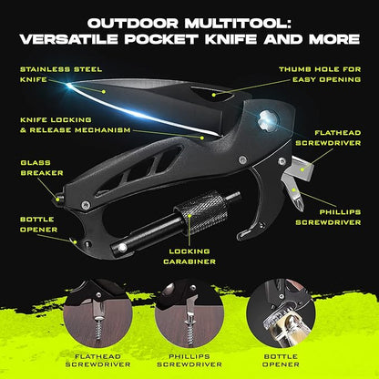 2-Pack Outdoor Carabiner Multitool, Carabiner Knife, EDC Pocket Knife Survival Gear with Glass Breaker (Black/Pink)