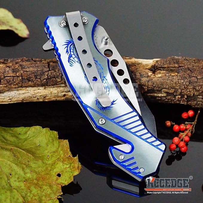 KCCEDGE BEST CUTLERY SOURCE EDC Pocket Knife Camping Accessories Razor Sharp Edge Drop Point Blade Folding Knife Camping Gear Survival Kit 58595 (Blue)