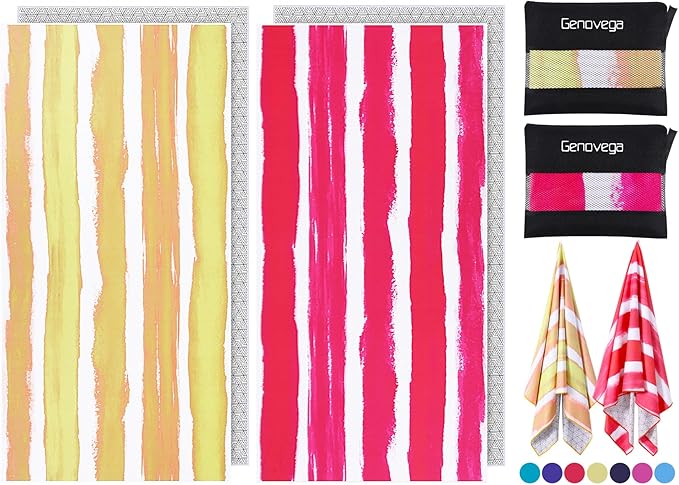 2 Pack Microfiber Oversized Beach Towel Lightweight Thin Sandproof Compact Quick Dry Clearance Towels Extra Large Sand Free Travel Beach Essentials Accessories Women Men Adult Gift Pink Yellow Stripe