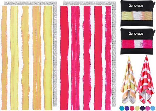 2 Pack Microfiber Oversized Beach Towel Lightweight Thin Sandproof Compact Quick Dry Clearance Towels Extra Large Sand Free Travel Beach Essentials Accessories Women Men Adult Gift Pink Yellow Stripe