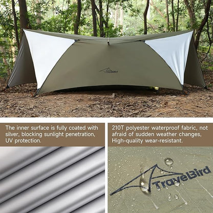 Ultralight Tarp, 14ft Hammock Rain Fly Lightweight Waterproof Camping Tent Tarp with Doors, Bushcraft Tarp Shelter for Backpacking Hiking Camping