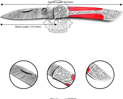 3Pcs Damascus Steel Pocket Knife with Clip and Leather Sheath - EDC Knife for Outdoor and Camping Activities, Handmade Folding Knife, Free knife Sharpner (Vulture Red Eye)