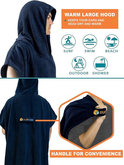SUN CUBE Surf Poncho Changing Robe with Hood | Quick Dry Microfiber Wetsuit Changing Towel with Pocket for Surfing Men Women