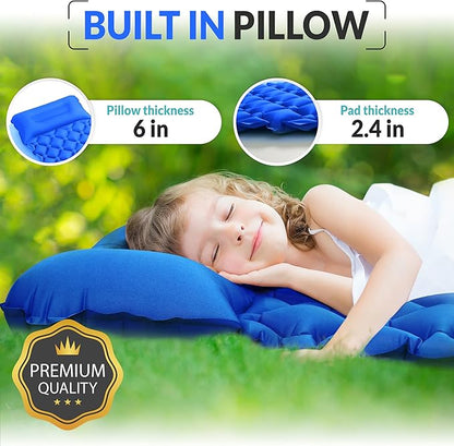 Kids Sleeping Pad for Camping and Sleepovers with Pillow, Inflatable Camping Mattress for Backpacking & Travel, Thick Toddler Cot Mat, Fast Inflating Camping Sleeping Pads for Kids