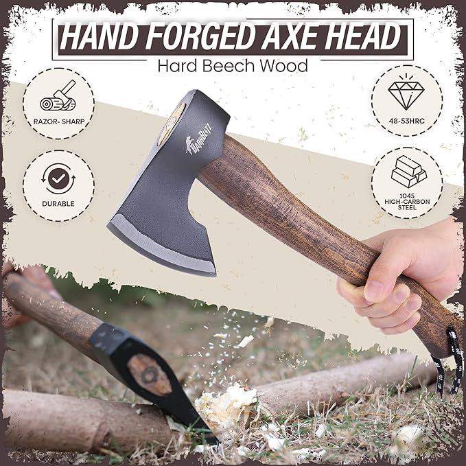 15" Camping Hatchet Axe - Camping Axe with 1045 High Carbon Steel - Hatchet Axe with Sheath - Bushcraft Axe with Handle - Splitting Hatchet for Chopping Wood - Hatchet Axe for Camping