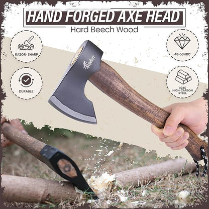 15" Camping Hatchet Axe - Camping Axe with 1045 High Carbon Steel - Hatchet Axe with Sheath - Bushcraft Axe with Handle - Splitting Hatchet for Chopping Wood - Hatchet Axe for Camping