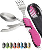 Orblue 4-in-1 Camping Utensils, 2-Pack, Portable Stainless Steel Spoon, Fork, Knife & Bottle Opener Combo Set - Travel, Backpacking Cutlery Multitool, Hot Pink