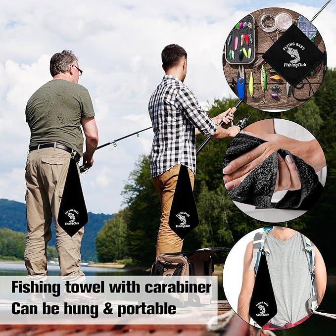 3 Pack Microfiber Fishing Towels with Clip 16’ x 16’ Camping Towel Black Hiking Towels Boat Towels Bait Towel Golf Towel For Man Women Camper Club Effective Cleaning of Fishing Gears Dirty Hands Body