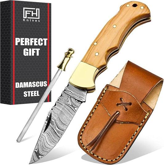 6.5 Inch Handmade Damascus Pocket knife for Men Folding Knife with back lock Small Pocket knife for Hunting Camping Hiking Damascus hunting knife with sheath Best EDC Camping Knife