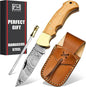 6.5 Inch Handmade Damascus Pocket knife for Men Folding Knife with back lock Small Pocket knife for Hunting Camping Hiking Damascus hunting knife with sheath Best EDC Camping Knife