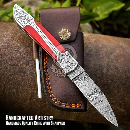 3Pcs Damascus Steel Pocket Knife with Clip and Leather Sheath - EDC Knife for Outdoor and Camping Activities, Handmade Folding Knife, Free knife Sharpner (Vulture Red Eye)