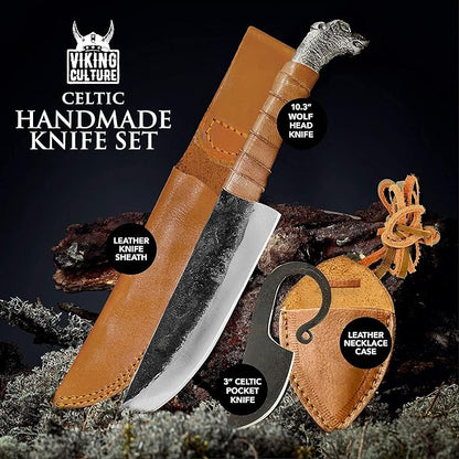 2-Piece Viking knife Set - 10.3" Wolf-Head Viking Knife with 6.5" Blade & Leather Sheath - 3" Celtic Pocket Knife with Necklace Case - Sharp Hand-Forged Real Carbon Steel
