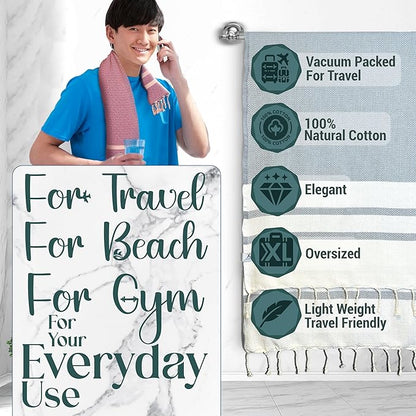 2 Oversize Cotton Travel Towel Pack Quick Dry Camping Pool Hiking Compact Vacuum Sealed Lightweight Absorbent Turkish Beach Blanket Pool Swim Camp (Turquoise Blue and Silver Gray)