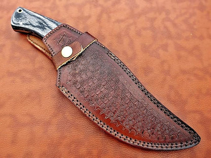 11.5" Long Hand Forged Damascus Steel Trailing Point Full Tang Blade Skinning Knife, 2 Tone Black Dollar Wood Scale with Damascus Bolster, Cow Hide Leather Sheath Included