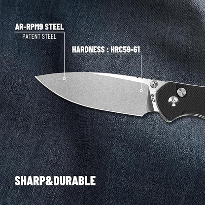 CJRB CUTLERY Pocket Knife Pyrite (J1925L) Button Lock EDC Large Foldable Knife AR-RPM9 Steel Blade and G10 Handle Black Outdoor for Women Men for Gifts