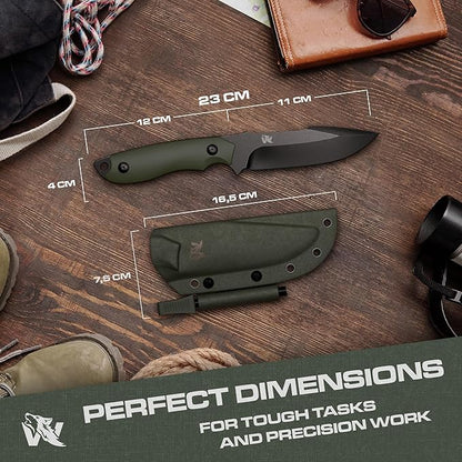 AMBULO Fixed Blade Survival Knife with Kydex Sheath and Fire Starter - Bushcraft Knife Full Tang - Made of strong D2 Steel - Hunting Knife with Belt Loop and G10 Handle - Full Tang Knife