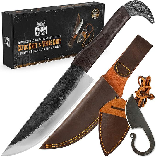2-Piece Viking Knife Set - 10.3" Raven-Head Viking Knife with 6.5" Blade & Leather Sheath - 3" Celtic Pocket Knife with Necklace Case - Sharp Hand-Forged Real Carbon Steel
