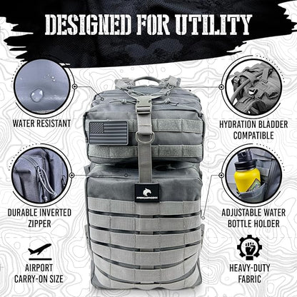 45L Elite Tactical Backpack | 3X Stronger Work & Military Backpack | Water Resistant and Heavy Duty | 3 Day MOLLE Bug Out Bag (Arctic Grey)