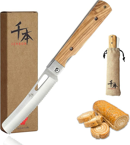 440A stainless steel pocket folding Japanese Bread knife Natural Olive Handle Camping trip Outdoor Portable Serrated knife